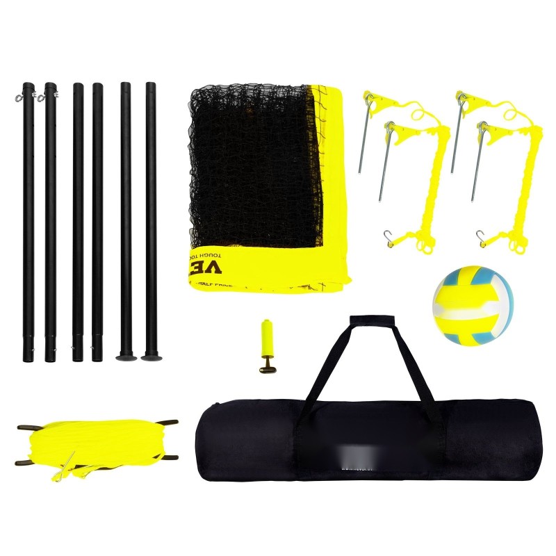 Kannettava ulkokäyttöinen lentopalloverkko polyeteeniverkolla säädettävällä korkeudella teräspylväillä mukana lentopallo pumppu