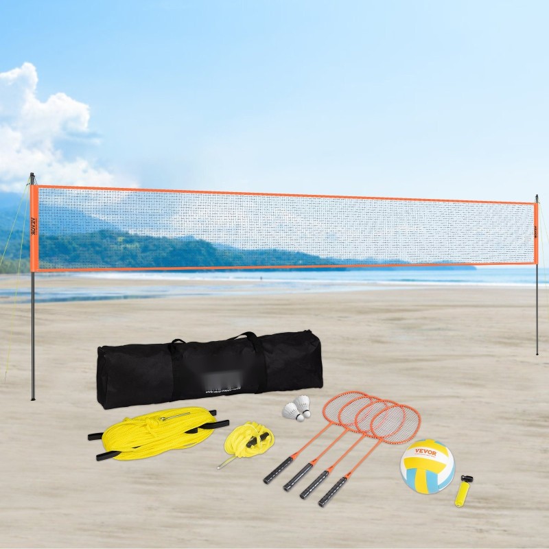 Lentopallo ja sulkapallosetti ulkokäyttöön 21 PE-lankaisella verkolla 32 mm terästangoilla