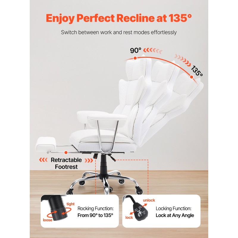 Kallistuva toimistotuoli PU-nahkaverhoilu leveällä istuimella ja jalkatuella säädettävällä lanneltuella metallirungolla