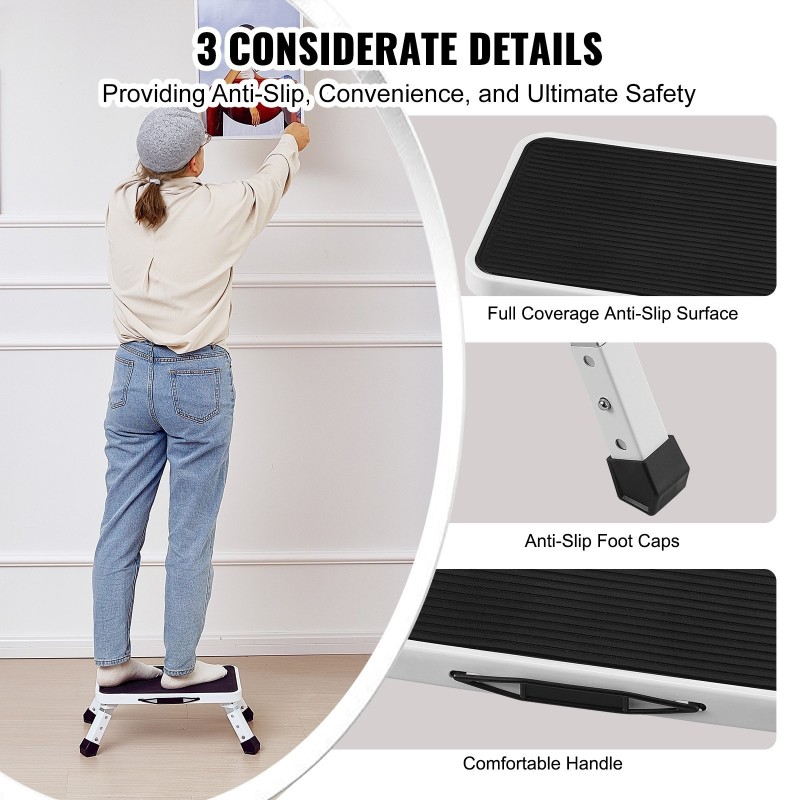 Taitettava yksitasoinen teräsjakkara 150 kg kantavuus kolme säädettävää korkeutta liukumaton askelma