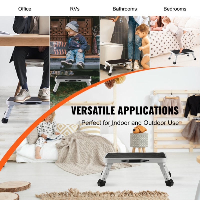 Taitettava yksitasoinen teräsjakkara 150 kg kantavuus kolme säädettävää korkeutta liukumaton askelma