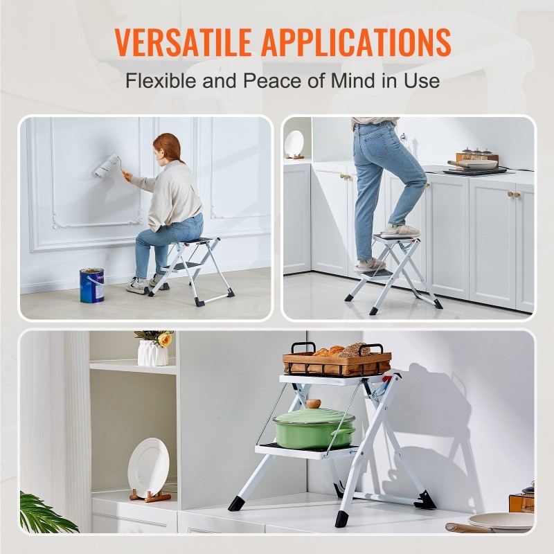 Taitettava kaksivaiheinen teräsjakkara 150 kilogramman kantavuus leveillä liukuestopinnoilla tukikaiteella