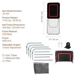 Taittuva teräsrunkoinen harjoitusverkko PVC-pomppukankaalla 3x8 jalkaa kaksoisverkko 3-portaisella kulmansäädöllä