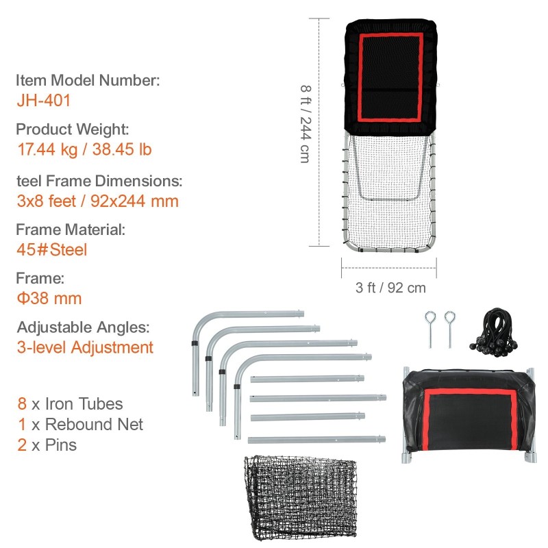 Taittuva teräsrunkoinen harjoitusverkko PVC-pomppukankaalla 3x8 jalkaa kaksoisverkko 3-portaisella kulmansäädöllä