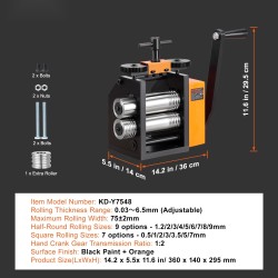 Rullausvalssi teräsrunkoinen 75 mm kolmitoiminen 0,03–6,5 mm säädettävä 1:2 hammaspyöräsuhde koruihin