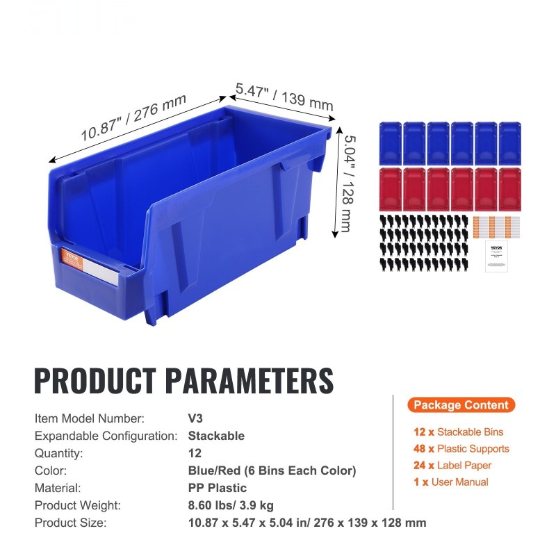 Pinoitettavat PP-muoviset säilytyslaatikot 276x139x128mm 12 kpl sininen ja punainen