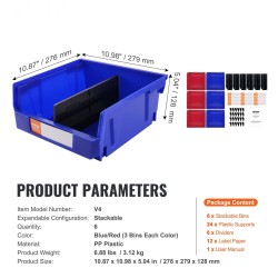 PP-muoviset pinoitettavat säilytyslaatikot 276×279×128 mm 6 kpl sininen ja punainen