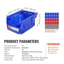 Pinottavat PP-muoviset säilytyslaatikot 137×105×78 mm 24 kpl ripustettavat sininen ja punainen
