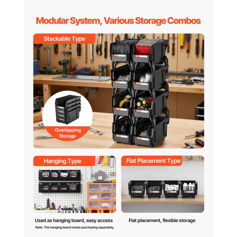 PP-muoviset pinottavat mustat laatikot 276x140x130 mm 8 kpl pienille osille