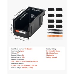 PP-muoviset pinottavat mustat laatikot 276x140x130 mm 8 kpl pienille osille