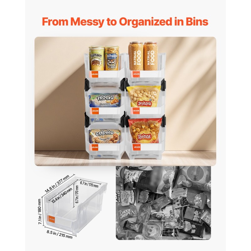 Pinottavat polypropeenimuovilaatikot 37,7 x 21,5 x 18 cm 6 kpl läpinäkyvät pientarvikkeille