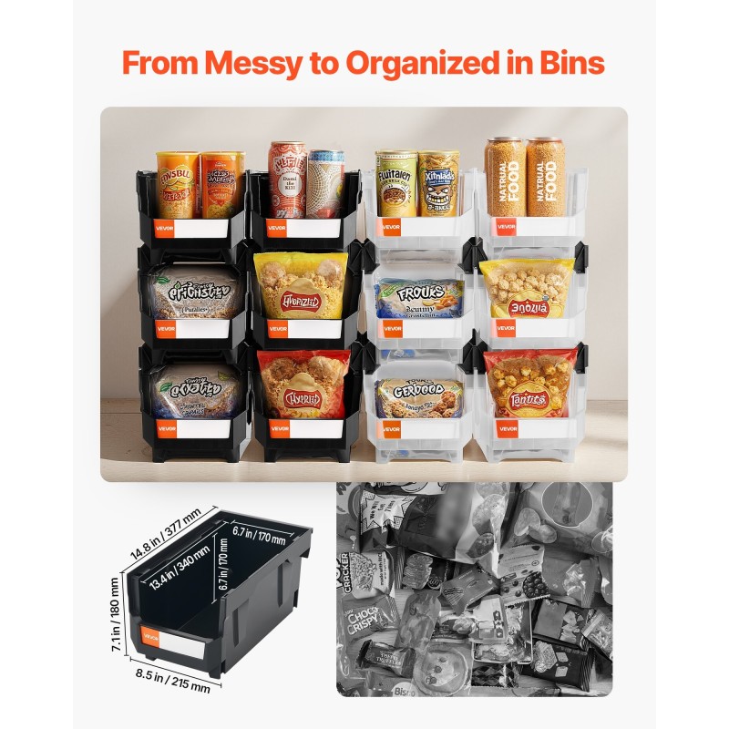 Pinottavat PP-muovilaatikot 377 x 215 x 180 mm 12 kpl musta läpinäkyvä