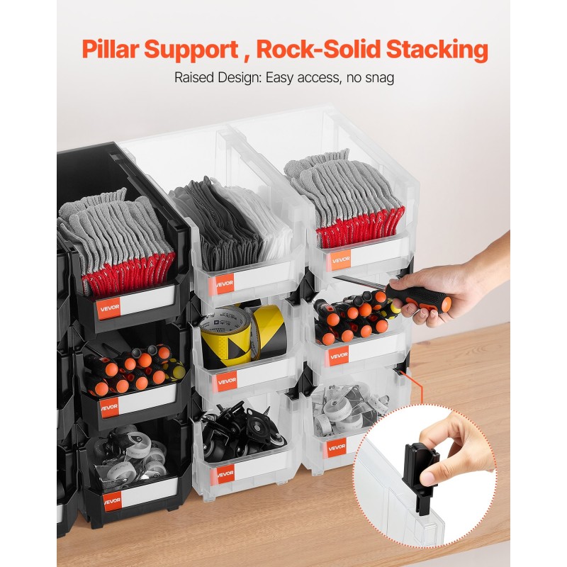 Pinottavat PP-muovilaatikot 377 x 215 x 180 mm 12 kpl musta läpinäkyvä