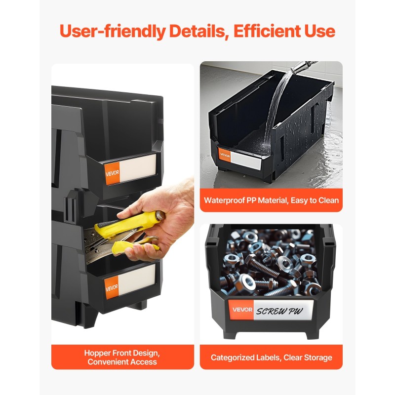 Pinottavat PP-muovilaatikot 377 x 215 x 180 mm 12 kpl musta läpinäkyvä