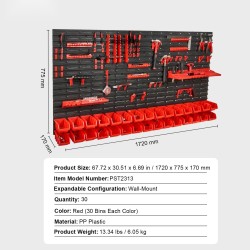 Seinälle asennettava osalaatikosto muovinen 30 laatikkoa musta ja punainen laajennettavissa työkalupidikkeillä