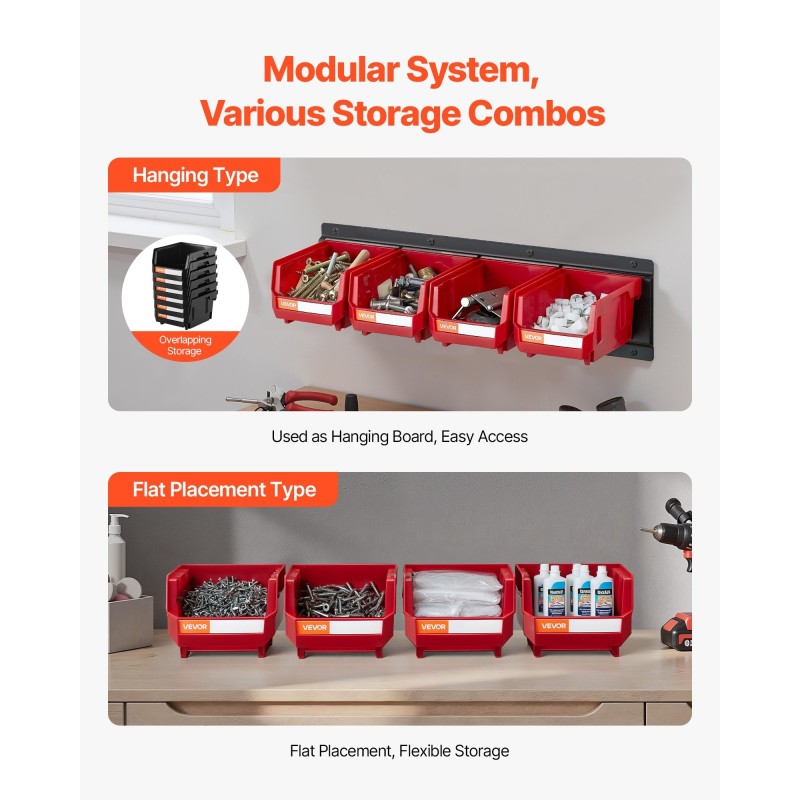 Seinäkiinnitteinen säilytysjärjestelmä 12 PP-muovilaatikkoa 3 teräskiskoa punainen pienosille