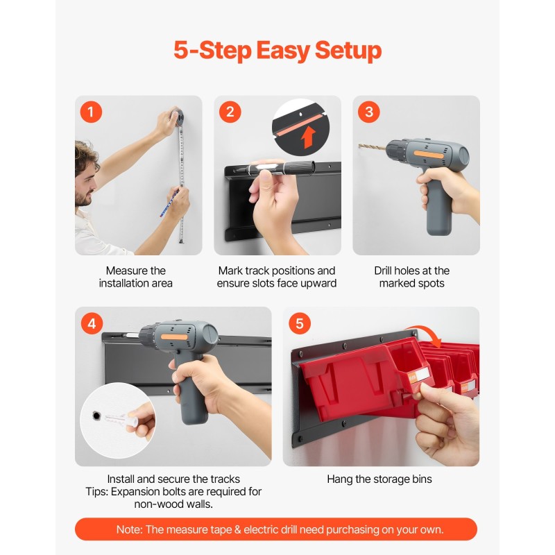 Seinäkiinnitteinen säilytysjärjestelmä 12 PP-muovilaatikkoa 3 teräskiskoa punainen pienosille