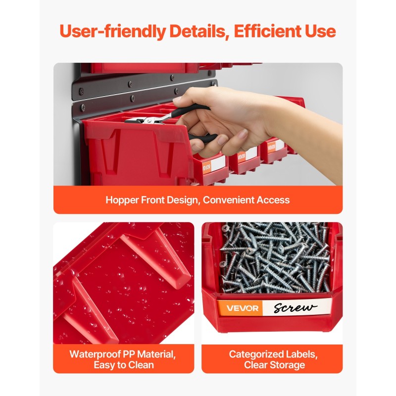 Seinäkiinnitteinen säilytysjärjestelmä 12 PP-muovilaatikkoa 3 teräskiskoa punainen pienosille