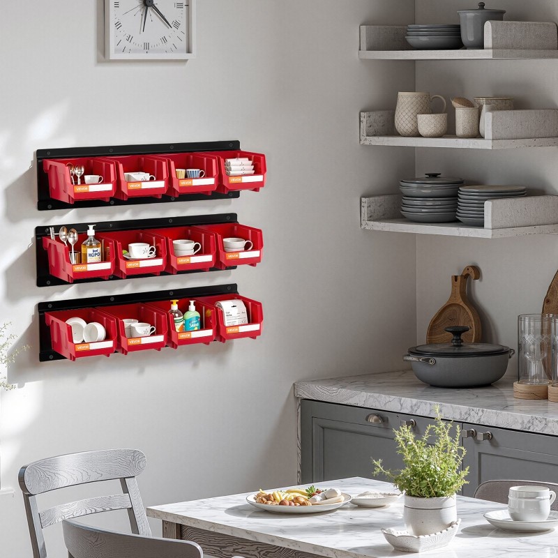 Seinäkiinnitteinen säilytysjärjestelmä 12 PP-muovilaatikkoa 3 teräskiskoa punainen pienosille