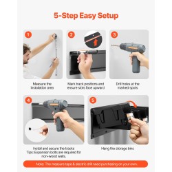 Seinäasennettava säilytysjärjestelmä pienosille 12 PP-muovilaatikkoa 3 teräskiskoa musta