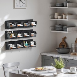 Seinäasennettava säilytysjärjestelmä pienosille 12 PP-muovilaatikkoa 3 teräskiskoa musta