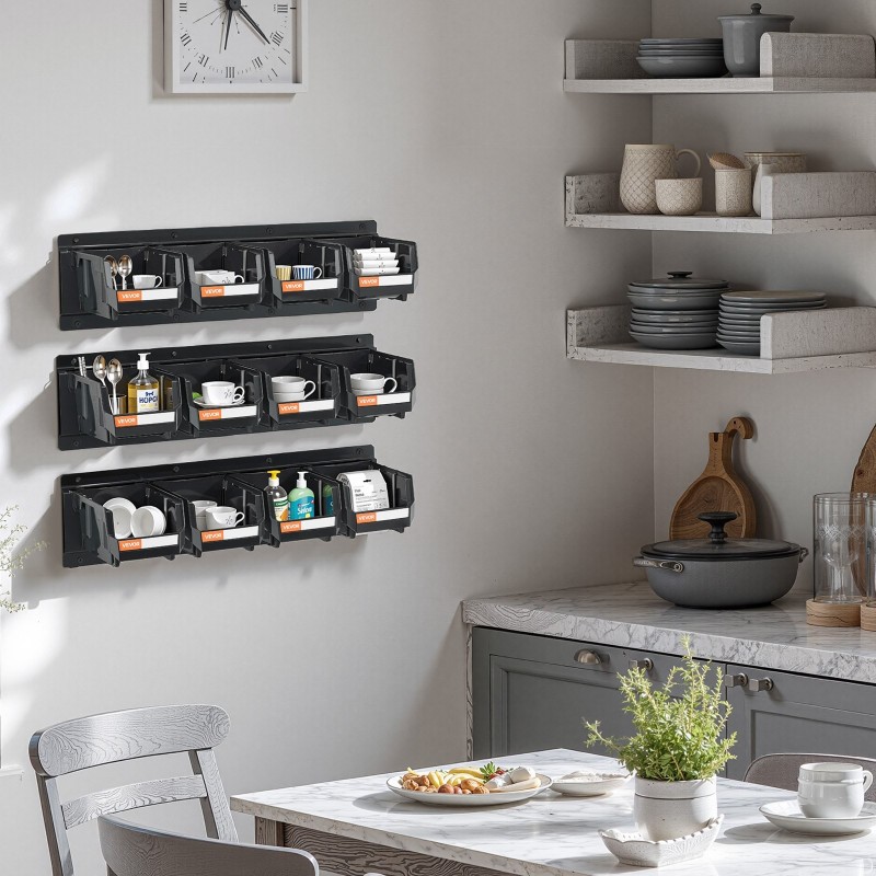 Seinäasennettava säilytysjärjestelmä pienosille 12 PP-muovilaatikkoa 3 teräskiskoa musta