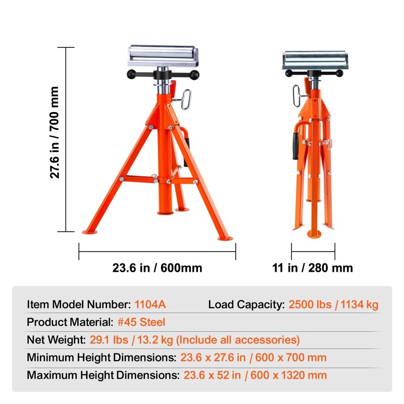 Rullateline 45-teräksestä 1134 kg kantavuus 700–1320 mm korkeussäädettävä putkille ja puulevyille