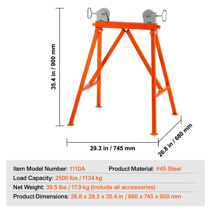 Putkiteline rullapäällä 45 teräs säädettävä 5,1–91,4 cm 1134 kg kantavuus