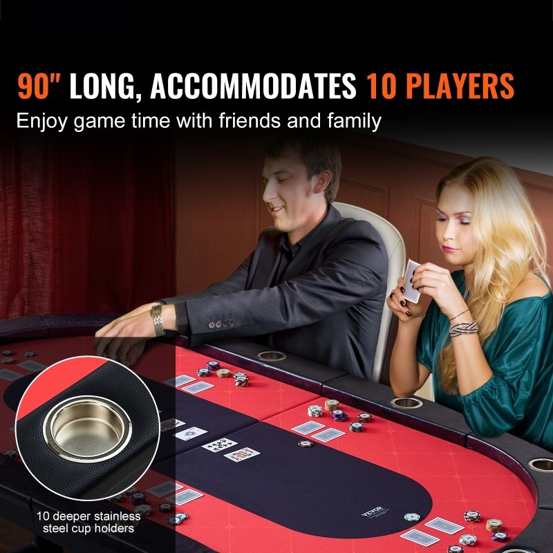 Pokeripöytä taitettava 229 senttimetriä ovaalinen 10 pelaajalle verapintainen pehmustetut reunat ruostumattomat mukitelineet
