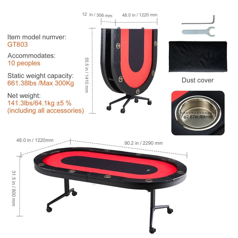 Pokeripöytä taitettava 229 senttimetriä ovaalinen 10 pelaajalle verapintainen pehmustetut reunat ruostumattomat mukitelineet