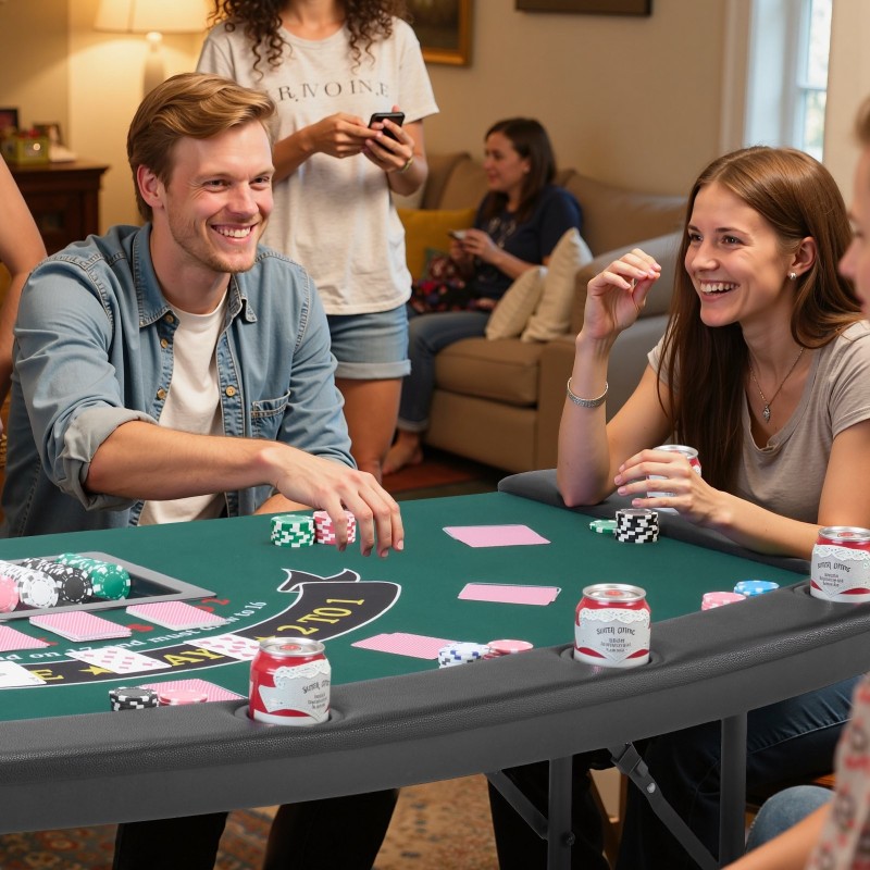 Taitettava pokeripöytä 7 pelaajalle huopapinta pehmustetut reunat mukitelineet