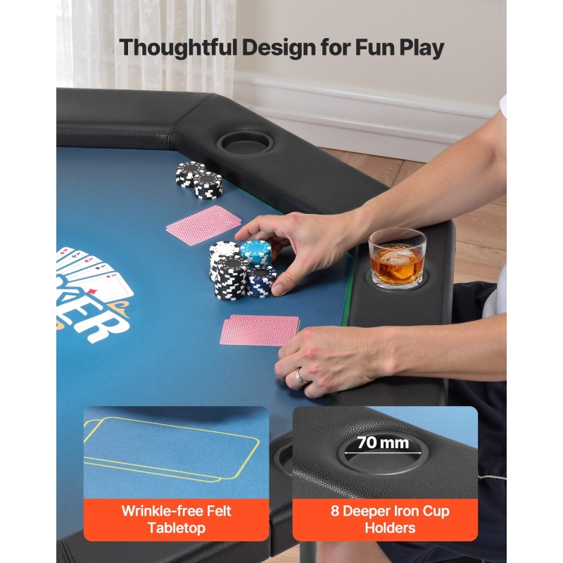 Taitettava kahdeksankulmainen pokeripöytä 8 pelaajalle huopapinnalla metallijaloilla