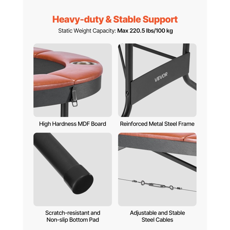 Taitettava soikea pokeripöytä 8 pelaajalle vihreä huopa pehmustetut reunat mukitelineillä metallijaloilla