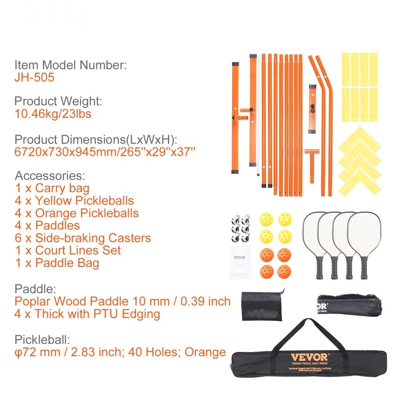 Pickleball-verkokojärjestelmä 22 jalan polyeteeniverkko paksunnettu metallirunko mukana maila ja kantolaukku