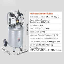 Öljytön ilmakompressori 49,2 l säiliö 2 hv 116 psi 230 V
