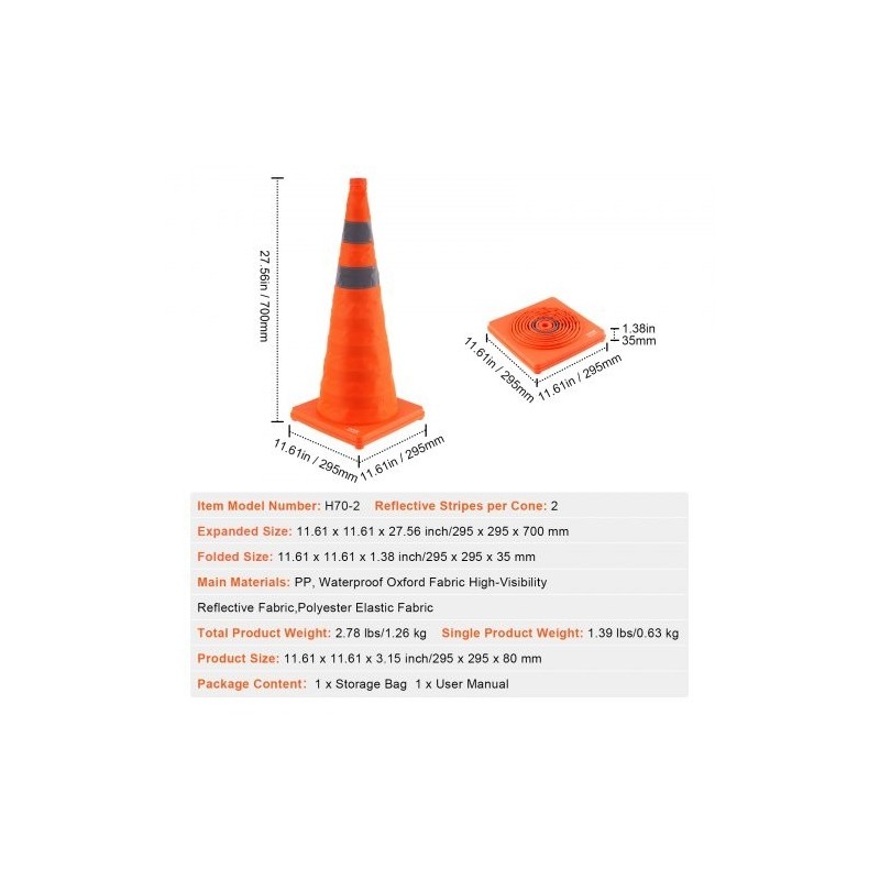 Taitettavat turvakartiot 28 tuumaa 2 kpl PP-muovia heijastavilla raidoilla leveällä pohjalla