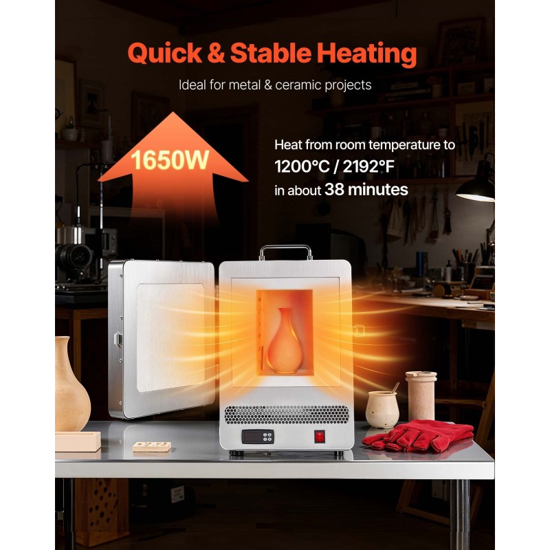 Sähköinen sulatusuuni 1650W 1200°C digitaalinen lämpötilansäätö 201-ruostumaton teräsrunko vahavaluun ja keramiikkaan