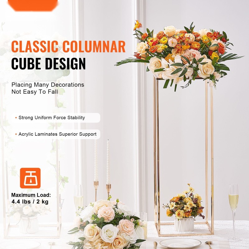 Kukkateline rautainen kultapinnoitettu 80 cm 2 kpl akryylitasolla hääjuhliin