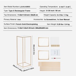Kukkateline rautainen kultapinnoitettu 80 cm 2 kpl akryylitasolla hääjuhliin