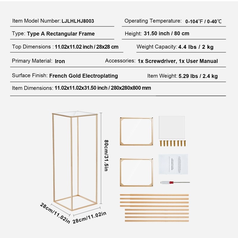Kukkateline rautainen kultapinnoitettu 80 cm 2 kpl akryylitasolla hääjuhliin