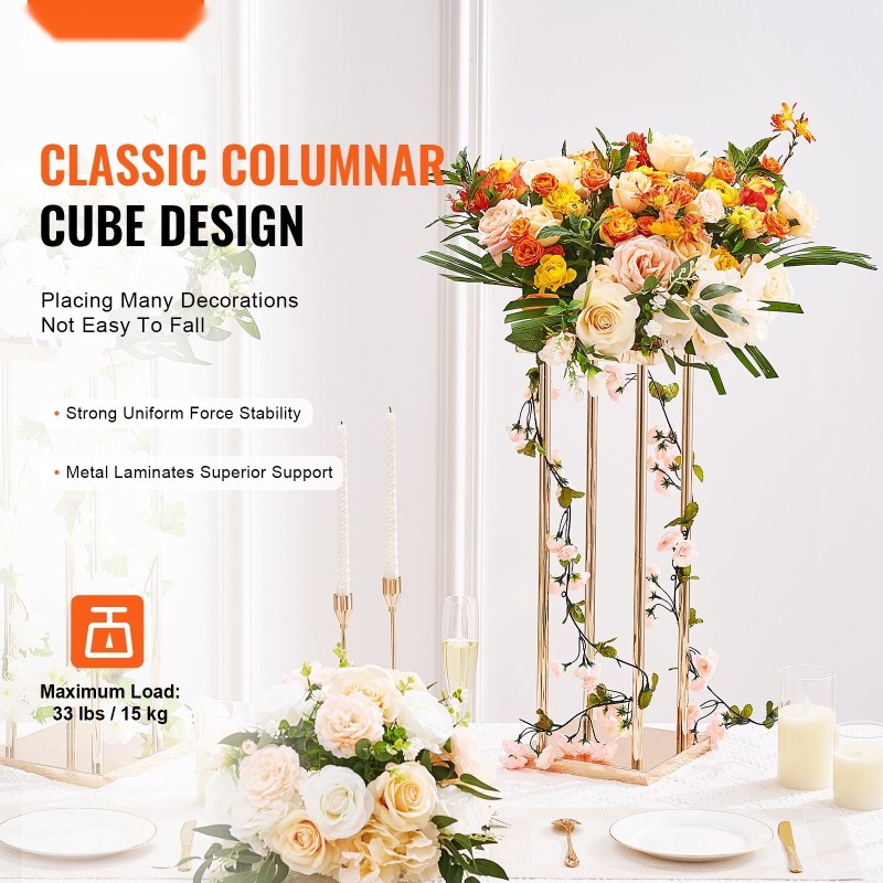 Rautaiset pylväsmalliset kukkatelineet 80 cm 4 kpl hääihin ja juhliin kullanväriset