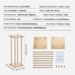 Rautainen sylinterimäinen kukkateline 60 cm korkea 4 kpl ranskankultainen pinnoite