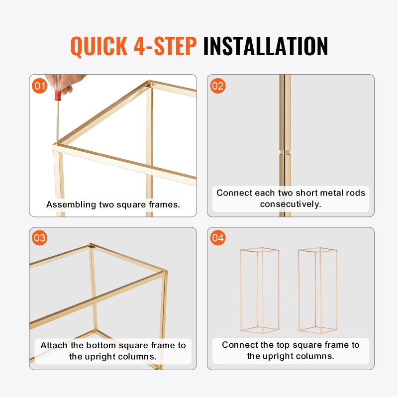 Kukkateline rautainen suorakulmainen hääjuhliin 80 cm 2 kpl ranskan kullanvärinen