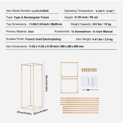 Kukkateline rautainen suorakulmainen hääjuhliin 80 cm 2 kpl ranskan kullanvärinen