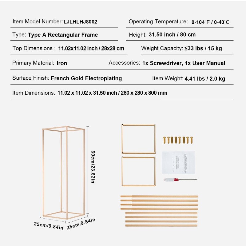 Kukkateline rautainen suorakulmainen hääjuhliin 80 cm 2 kpl ranskan kullanvärinen