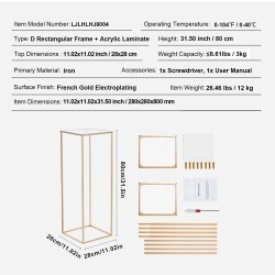 Hääkukkaständi rautainen 80 cm 10 kpl akryylitaso kullanvärinen suorakulmainen runko