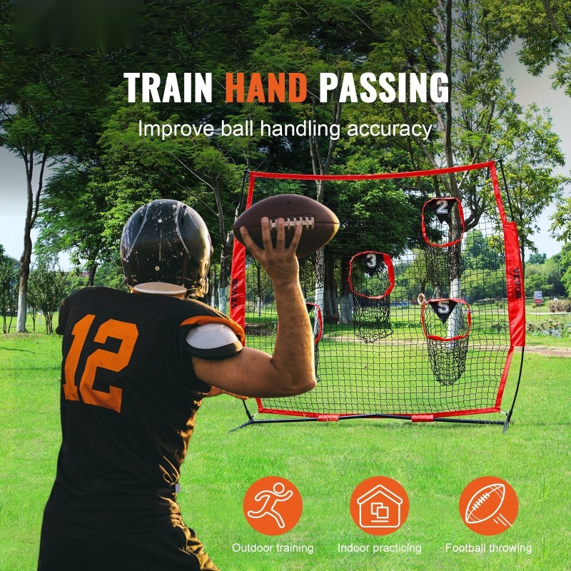 Amerikkalaisen jalkapallon heittoverkko 6 x 6 jalkaa 5 kohdetaskua teräsrunko