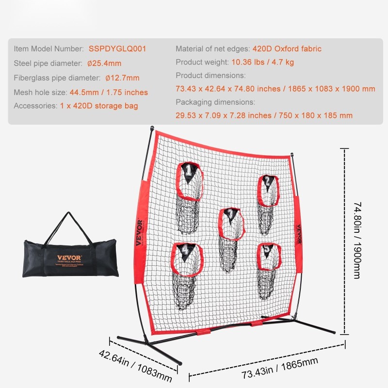 Amerikkalaisen jalkapallon heittoverkko 6 x 6 jalkaa 5 kohdetaskua teräsrunko