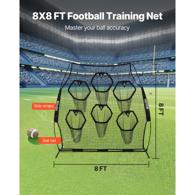 Heittoharjoitusverkko amerikkalaiseen jalkapalloon 2438x2438 mm solmuton 6 kohdetaskua