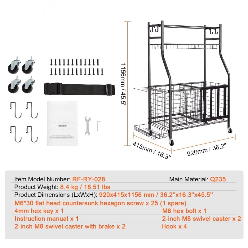 Urheiluvälinevaunu jauhemaalattua terästä 920x415x1156 mm musta lukittavat pyörät